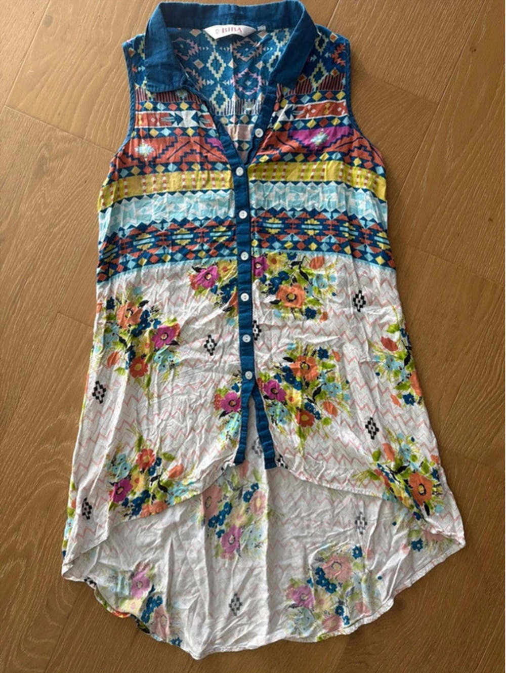 BIBA Women’s Small Boho Aztec Floral Multicolor 100% Viscose Tunic Blouse